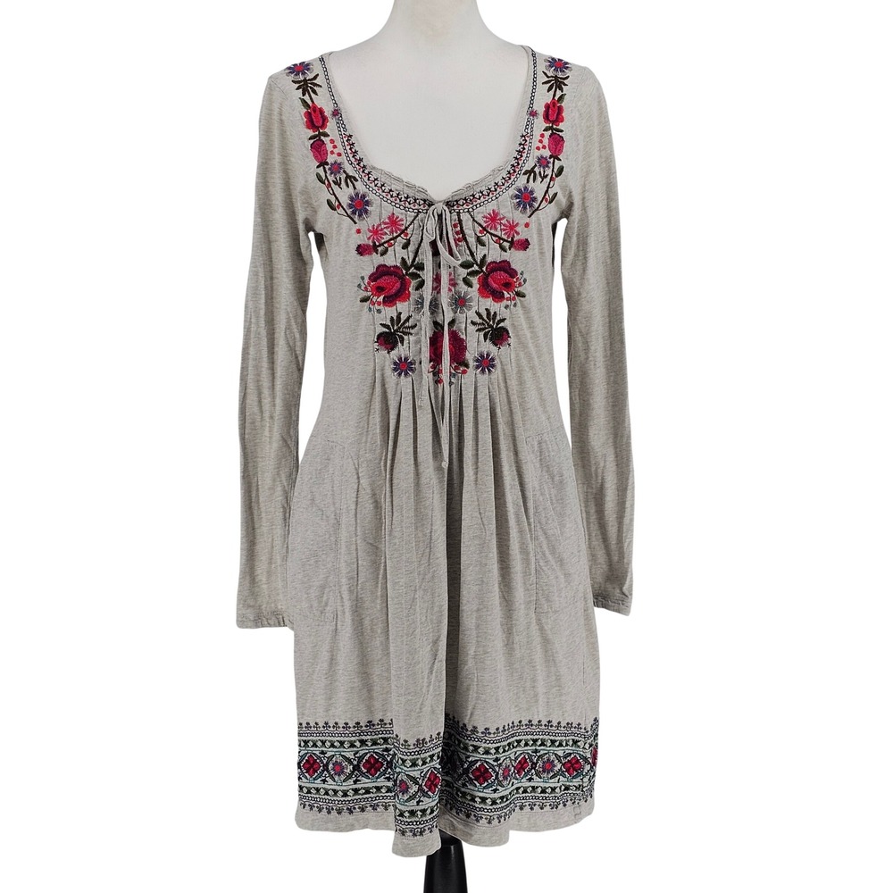 JW Los Angeles Embroidered Knit Mini Dress S Gray Floral Distressed Boho LS